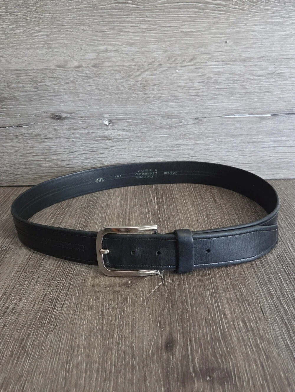 Vera Pelle Men's Black Leather Belt with Silver Buckle 42